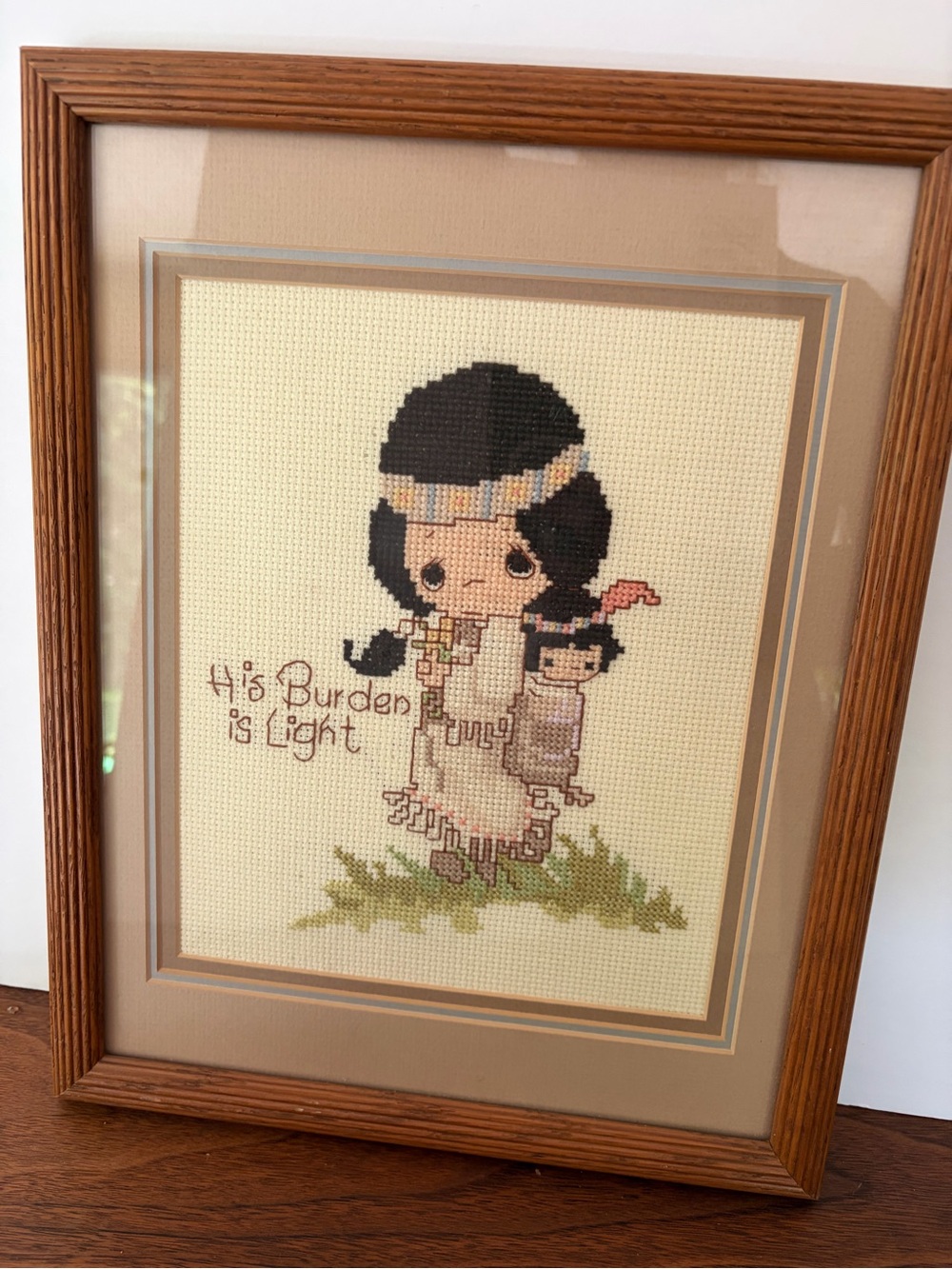 Vintage Precious Moments Framed Cross-Stitch Little Girl Artwork iNeutral Tones.